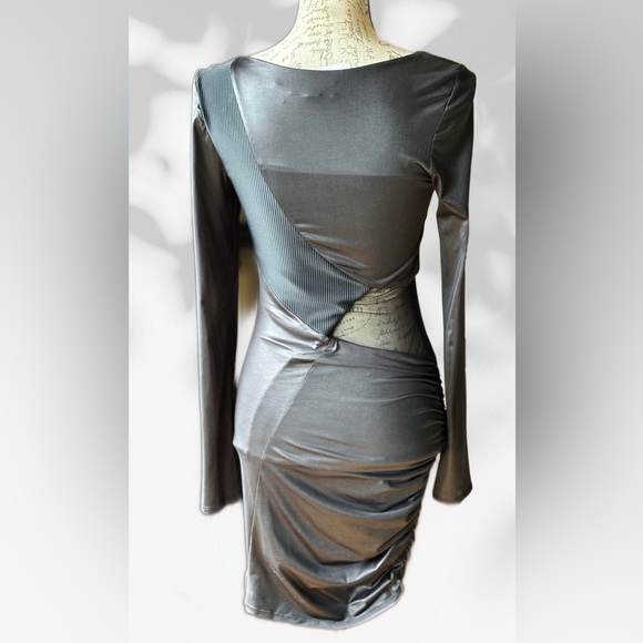 BeBe Sultry Leather-look & Mesh Cut-Out Dress, Scoop Neck Stretch Fabric (S) NWT - Picture 3 of 11